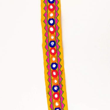 Yellow And Pink Indian Mirror Trim Kutch Embroidered Navratri Garba Dress Trim Bridal Lace, Sari Border 30 mm Wide Trim Per 3 Yards